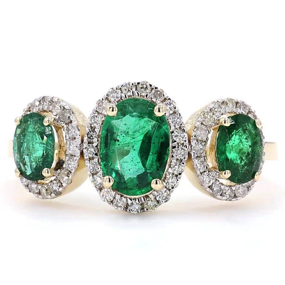 Three Oval Emerald Halo Diamond Ring