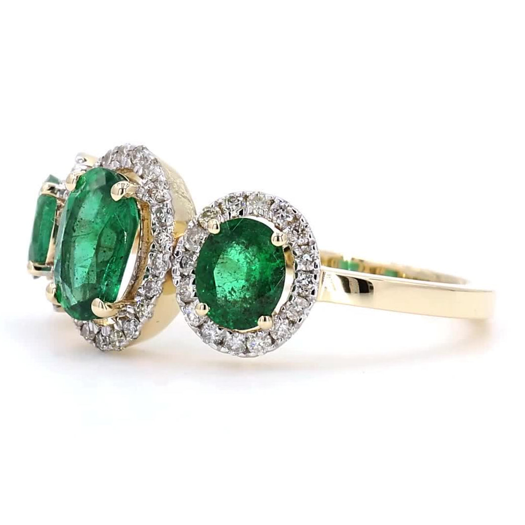 Three Oval Emerald Halo Diamond Ring
