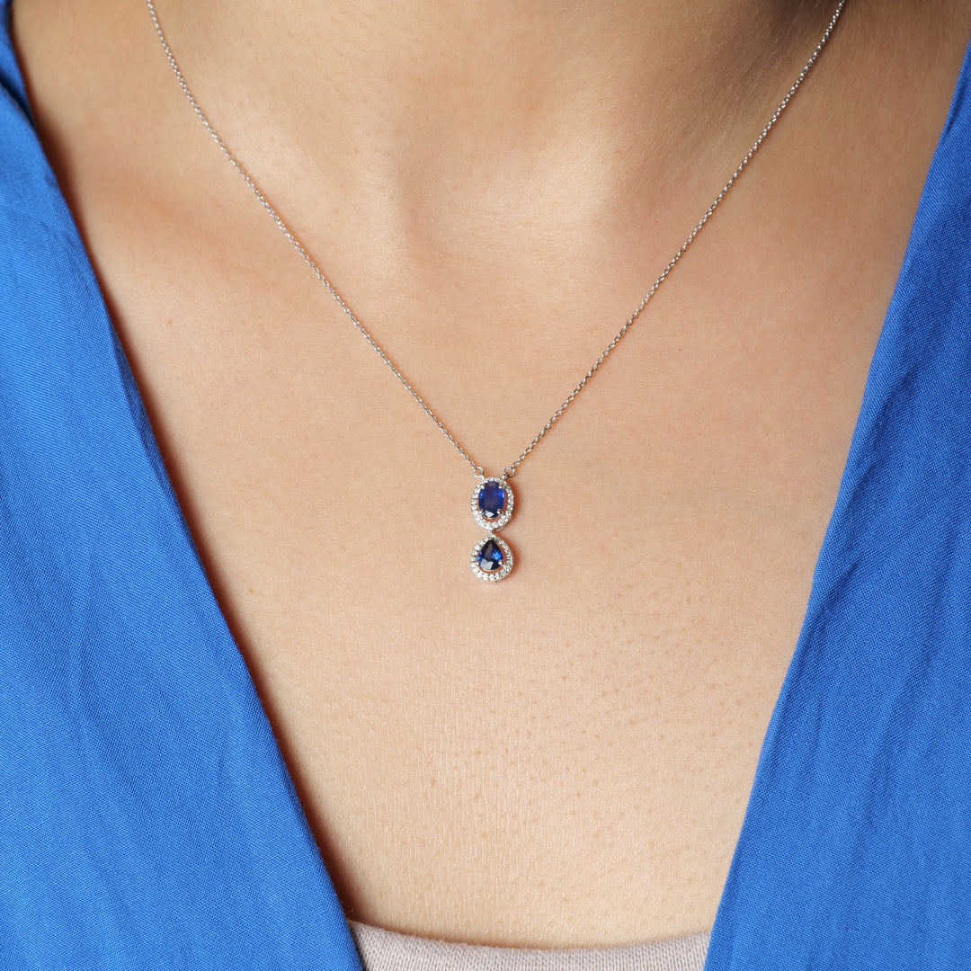 Oval Blue Sapphire Halo Necklace