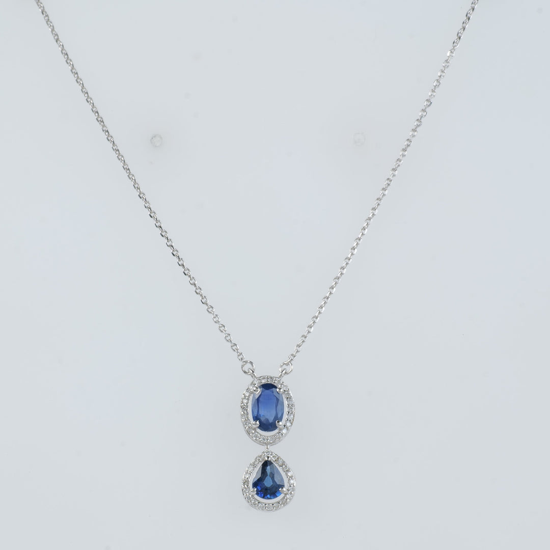 Oval Blue Sapphire Halo Necklace