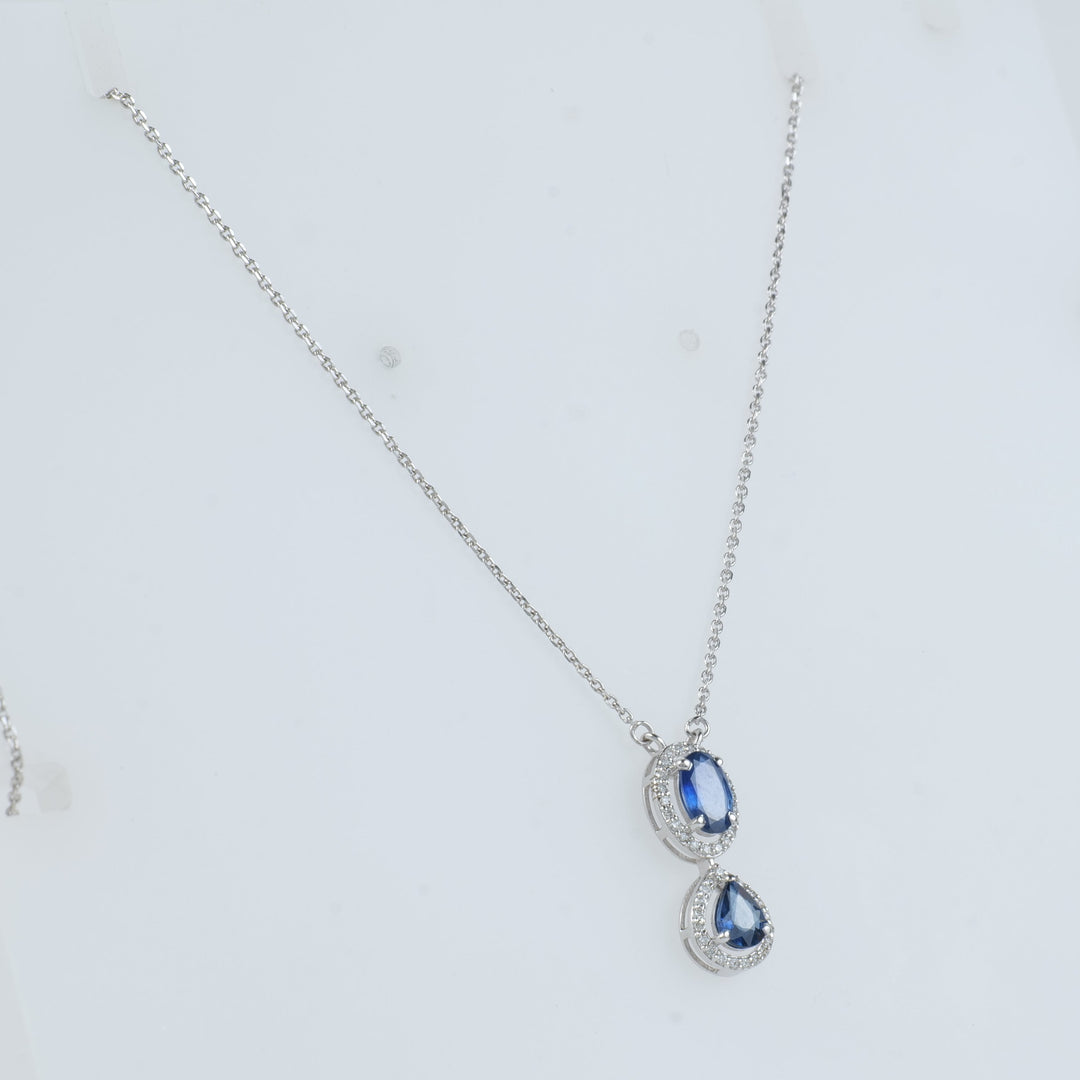 Oval Blue Sapphire Halo Necklace