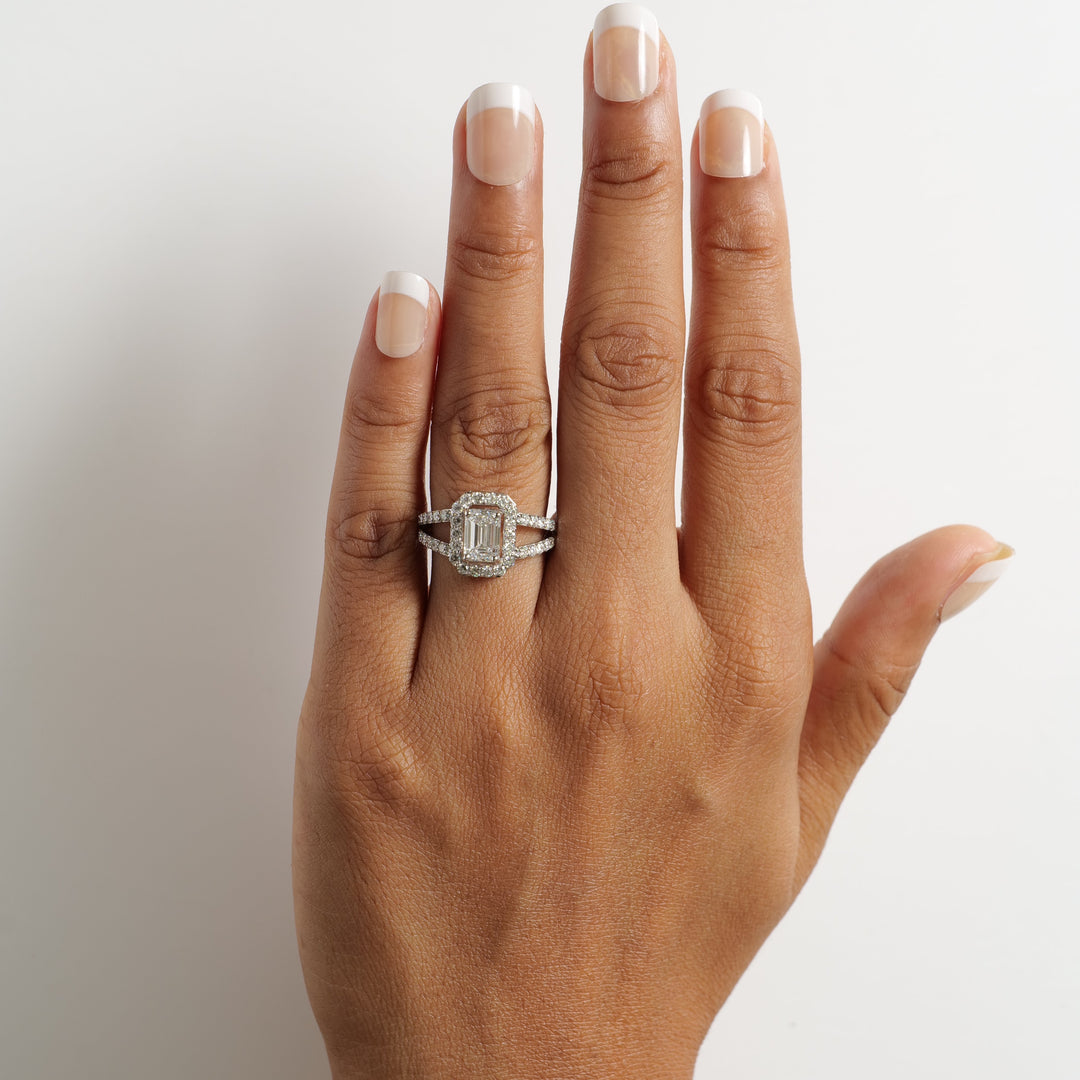 Emerald Cut Halo lab grown Diamond Ring