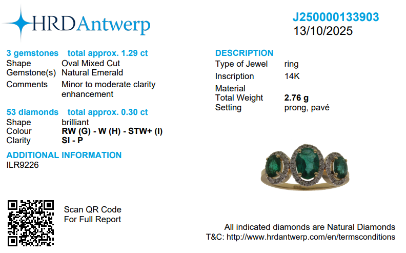 Three Oval Emerald Halo Diamond Ring