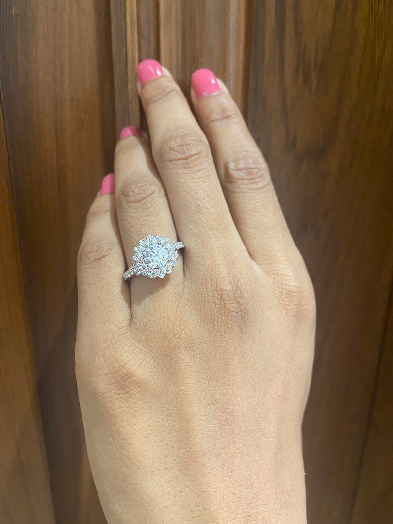 Round Solitaire Diamond Ring, Moissanite Flower Ring, 14k Solid Gold, Halo Engagement Ring, Gift For Her