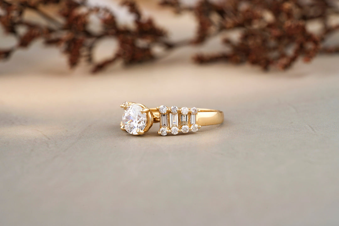 Round Solitaire Diamond Ring, Moissanite Engagement Ring, Baguette Diamond, 14k Solid Gold, Side Ladder look, Gift For Her