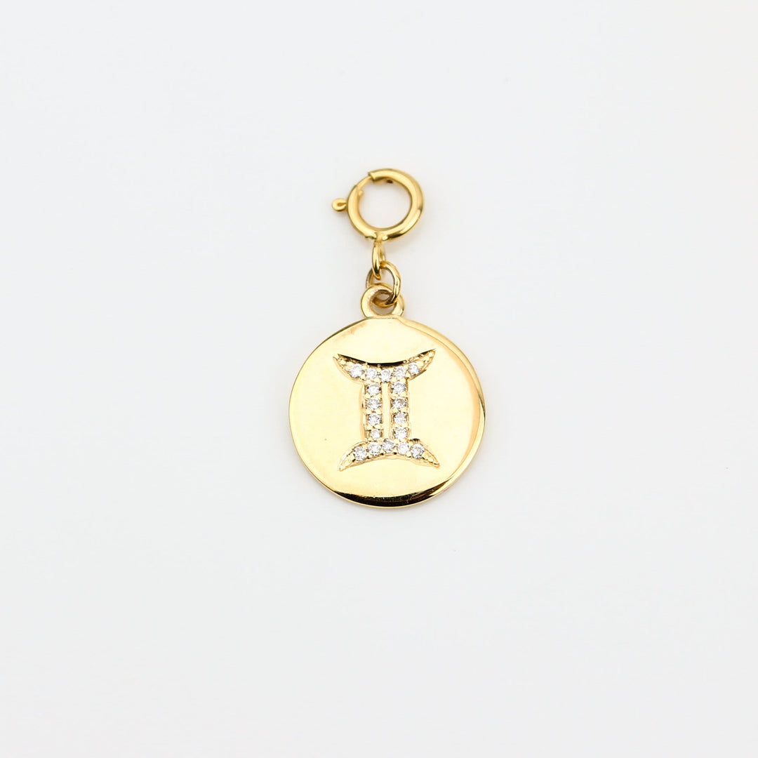 Gemini Horoscope Birth Sign Charm, 14k Solid Gold, Natural Diamonds, Zodiac Constellation Everyday Jewelry, Astrology Gift
