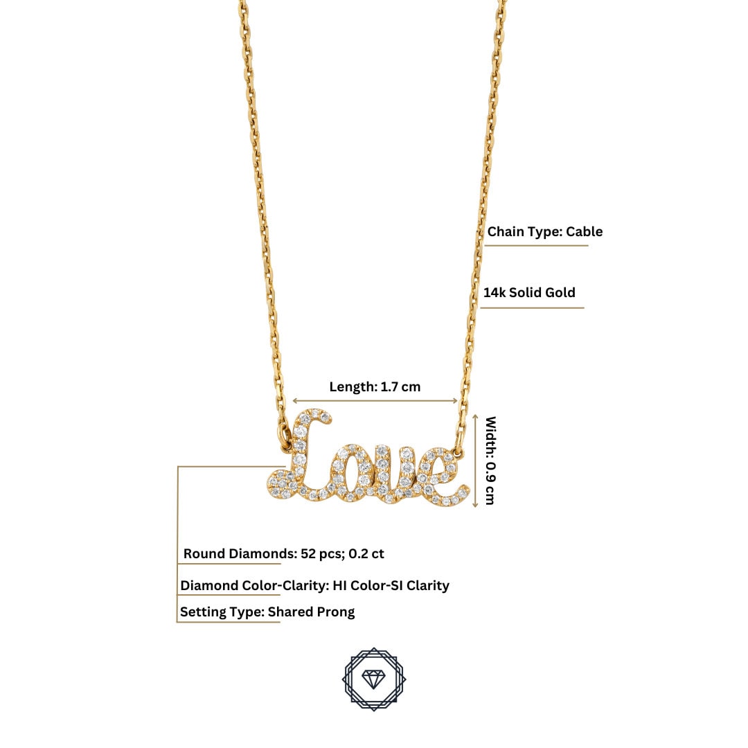 Love Diamond Necklace, 14kt Solid Gold, Script Inspirational Jewelry, Handcrafted Jewelry, Word Necklace, Ready To Ship, Women's Day Gift