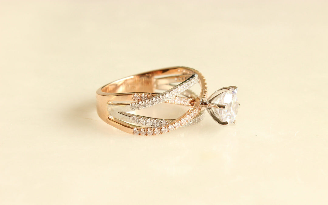 Solitaire Diamond Ring, Moissanite Engagement Ring, Crossover Shank Diamond Ring, Dual Tone, 14k Solid Gold, Gift For Her