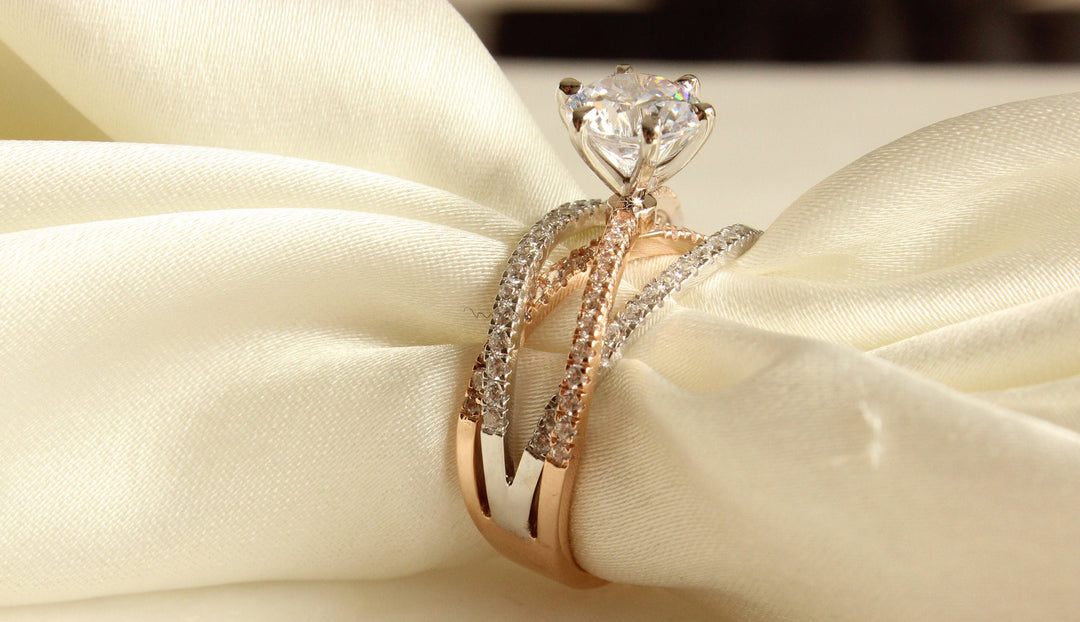 Solitaire Diamond Ring, Moissanite Engagement Ring, Crossover Shank Diamond Ring, Dual Tone, 14k Solid Gold, Gift For Her