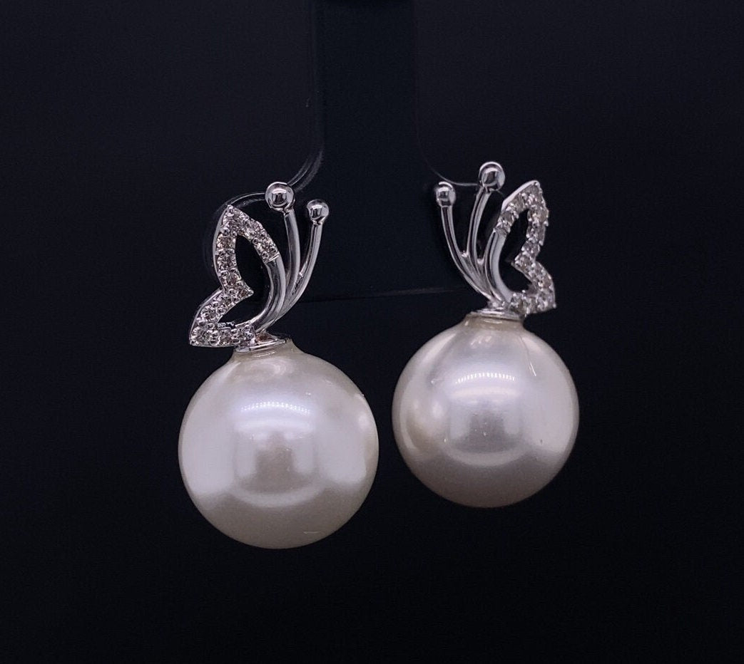 Butterfly Pearl Stud Earrings, Natural Diamonds, Gemstone Earrings, 14k Solid Gold, Gift For Her