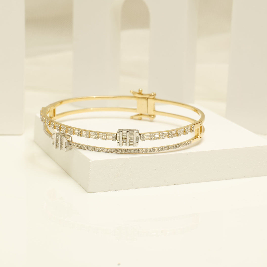 Baguette & Round Diamond Cuff Bracelet, 14k Solid Gold, Natural Diamonds, Cluster Illusion Bracelet, Statement Jewelry, Stackable Bangle