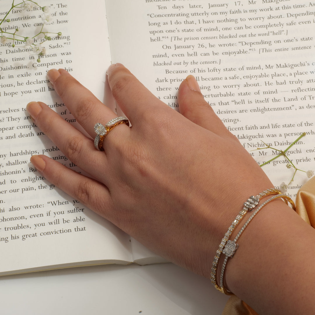 Baguette & Round Diamond Cuff Bracelet, 14k Solid Gold, Natural Diamonds, Cluster Illusion Bracelet, Statement Jewelry, Stackable Bangle