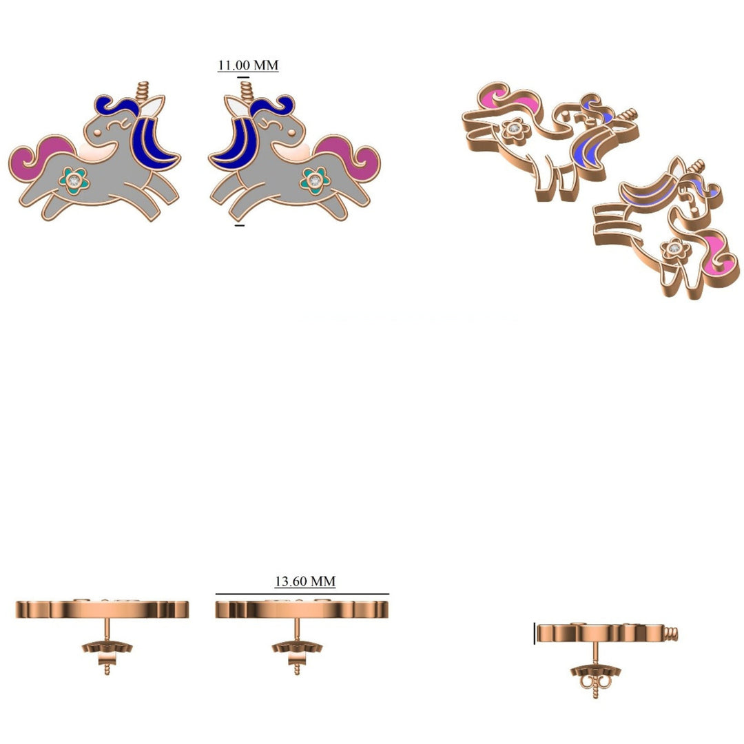 Kids Unicorn Diamond Stud Earrings, 14k Solid Gold With Pink Enameling, Natural Diamonds, Kids jewelry, Gift for toddlers, girls and kids