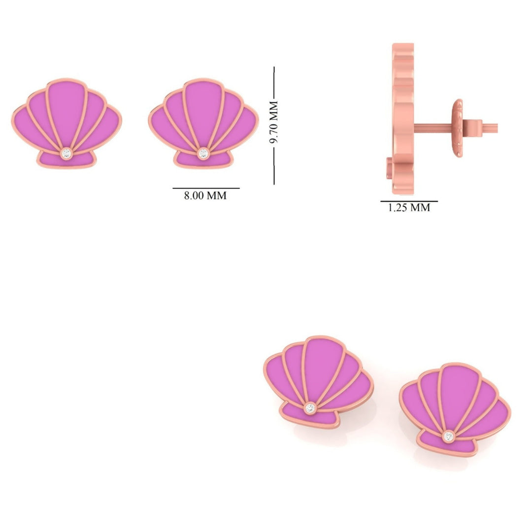 Kids Seashell Diamond Stud Earrings, 14k Solid Gold With Enameling, Natural Diamonds, Kids jewelry, Gift for toddlers/girls