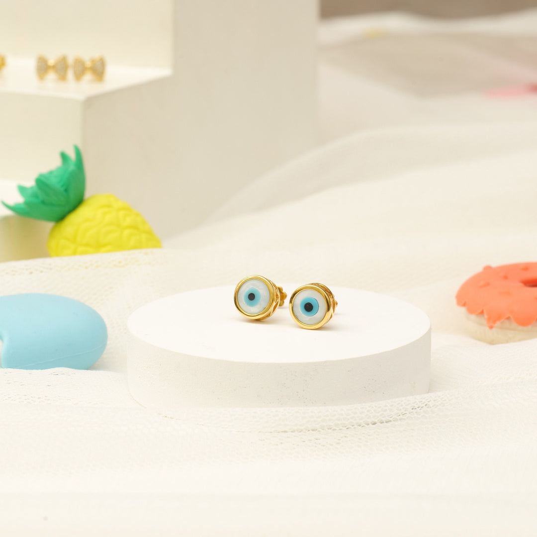 Kids Evil Eye Stud Earrings, 14k Solid Gold, MOP kids Earrings, Kids Jewelry, Gift for toddlers, girls and kids Gift For Her