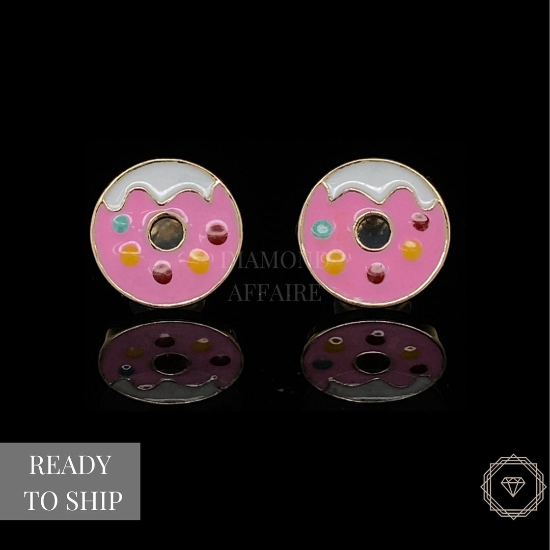 Kids Donut Diamond Stud Earrings, 14k Solid Gold With Enameling, Natural Diamonds, Kids jewelry, Gift for toddlers, girls and kids