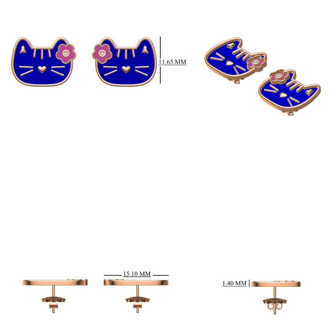 Kids Cat Diamond Stud Earrings, 14k Solid Gold With Enameling, Natural Diamonds, Kids Flower Jewelry, Gift for toddlers/girls/kids