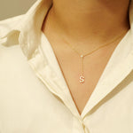 Load image into Gallery viewer, Personalized Bold Initial Lariat Diamond Necklace, 14k Solid Gold, Natural Diamonds, Bezel Drop Letter Jewelry, Minimalist Everyday Jewelry