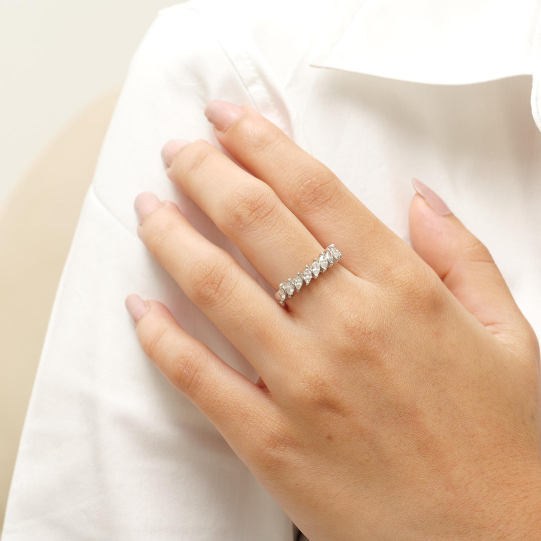 Marquise Diamonds Band Ring, 14k Solid Gold, Half Eternity Engagement Stack, Natural Diamonds, Statement Ring, Gift For Her