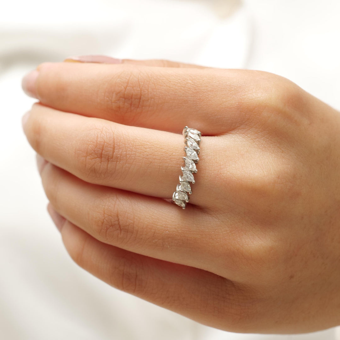 Marquise Diamonds Band Ring, 14k Solid Gold, Half Eternity Engagement Stack, Natural Diamonds, Statement Ring, Gift For Her