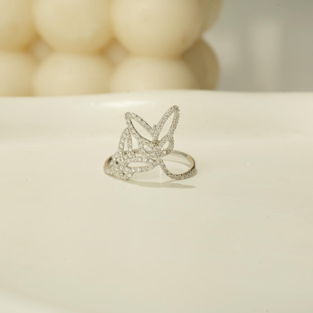 Double Butterfly Diamond Ring, 14k Solid Gold, Natural Diamonds, Animal Jewelry, Everyday Minimalist Ring, Statement Ring, Ready To Ship