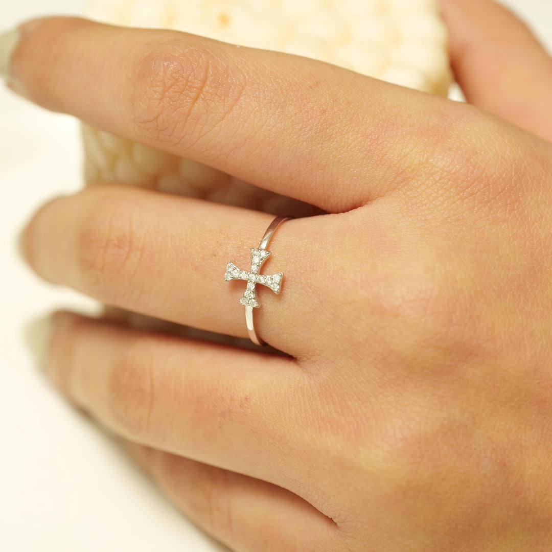 Cross Diamond Ring, 14k Solid Gold, Natural Diamonds, Stackable Handmade Jewelry, Minimalist Religious Ring, Ready To Ship, Women's Day Gift