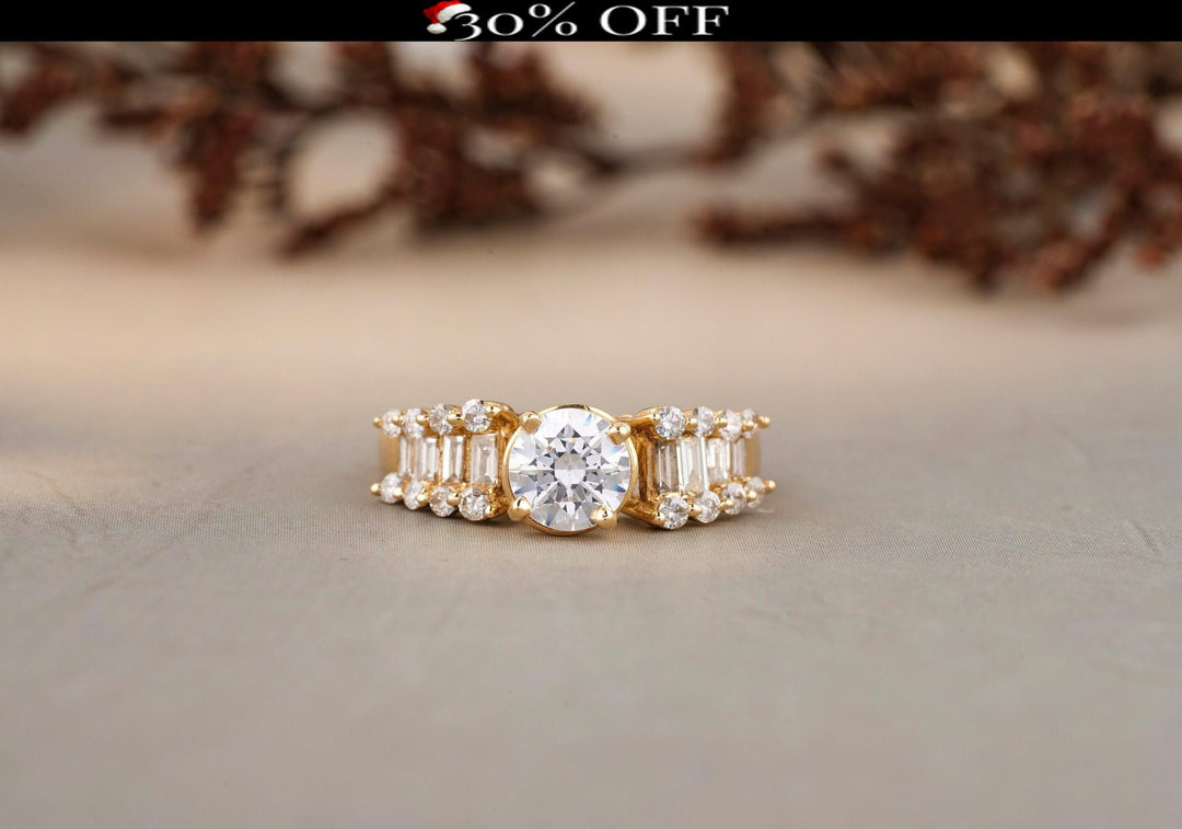 Round Solitaire Diamond Ring, Moissanite Engagement Ring, Baguette Diamond, 14k Solid Gold, Side Ladder look, Gift For Her