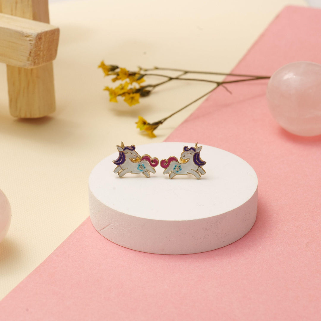 Kids Unicorn Diamond Stud Earrings, 14k Solid Gold With Pink Enameling, Natural Diamonds, Kids jewelry, Gift for toddlers, girls and kids