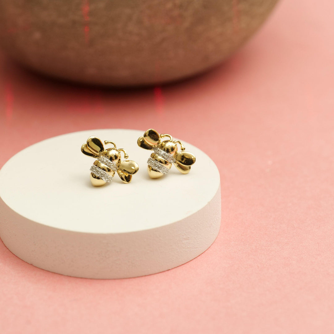 Kids Bumble Bee Diamond Stud Earrings, 14k Solid Gold, Natural Diamonds, Animal Jewelry, Gold Insect Studs, Gift for toddlers/girls/kids