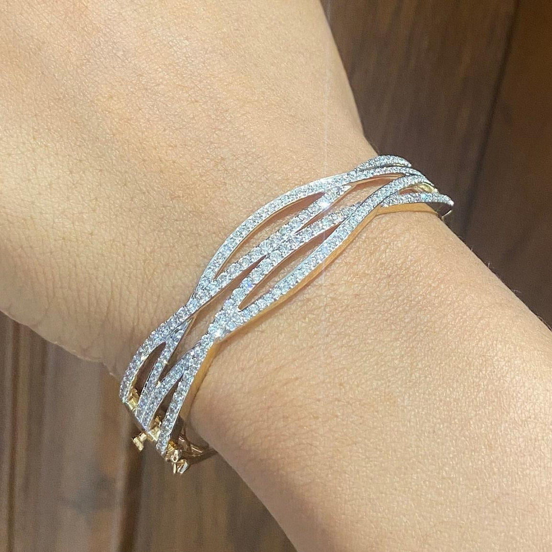 Wavy Criss Cross Diamond Bangle Bracelet, 14k Solid Gold, Natural Diamonds, Lattice Statement Bracelet, Stackable Jewelry