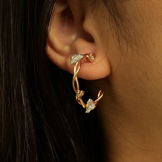 Hoop Vine Diamond Earrings, 14k Solid Gold J Hoops, Flower Natural Diamonds Earrings, Dual Tone, Ready To Ship, Women's Day Gift