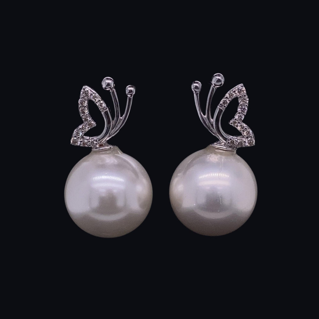 Butterfly Pearl Stud Earrings, Natural Diamonds, Gemstone Earrings, 14k Solid Gold, Gift For Her