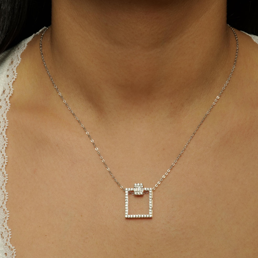 Square Diamond Pendant Necklace, 14k Solid Gold, Natural Diamonds, Geometric Pendant, Minimalist Stacking Chain Necklace