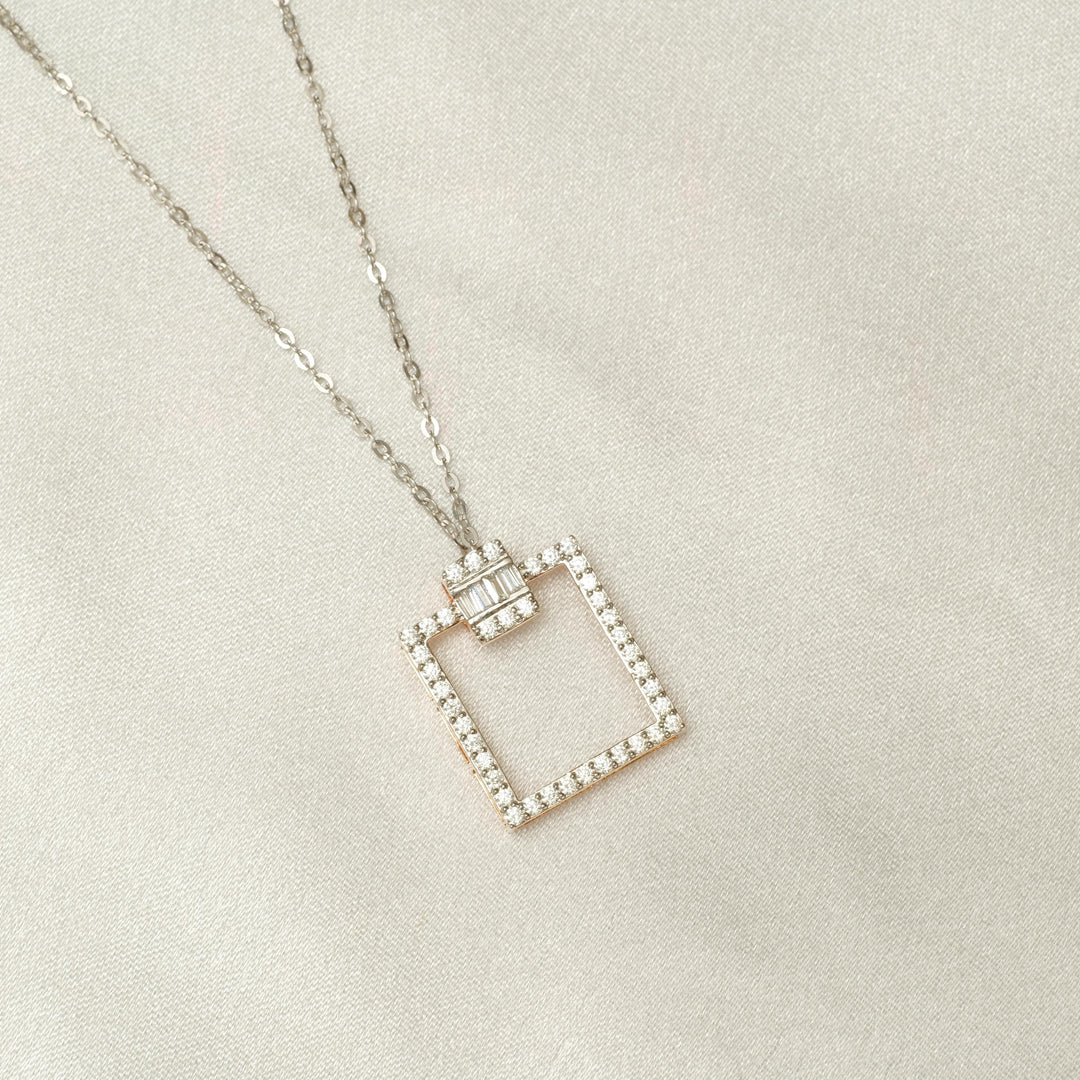 Square Diamond Pendant Necklace, 14k Solid Gold, Natural Diamonds, Geometric Pendant, Minimalist Stacking Chain Necklace