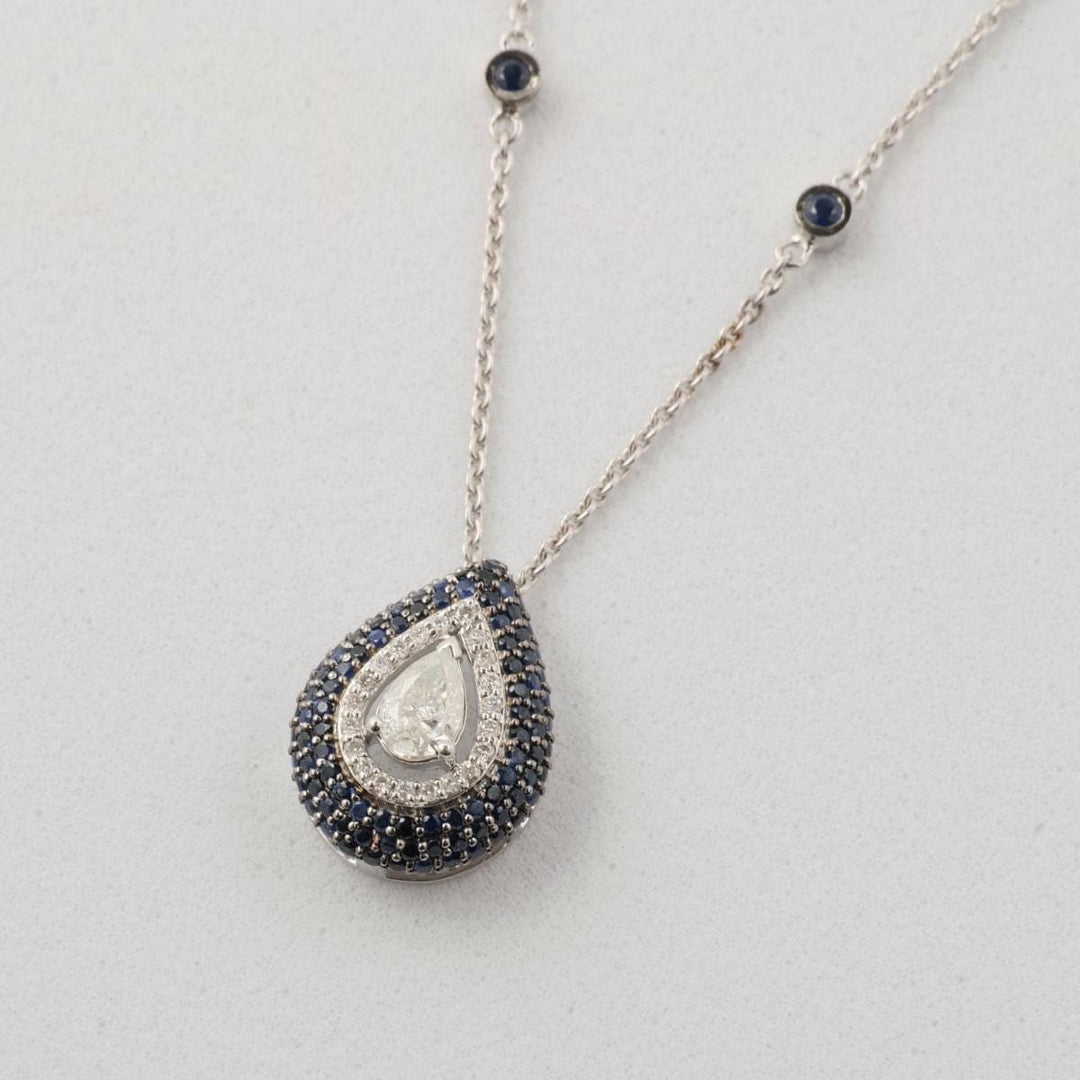 Teardrop Blue Sapphires Halo Diamond Necklace, 14k Solid Gold, Natural Diamonds, Gemstone Stacking Necklace, Ready To Ship, IGI Certified