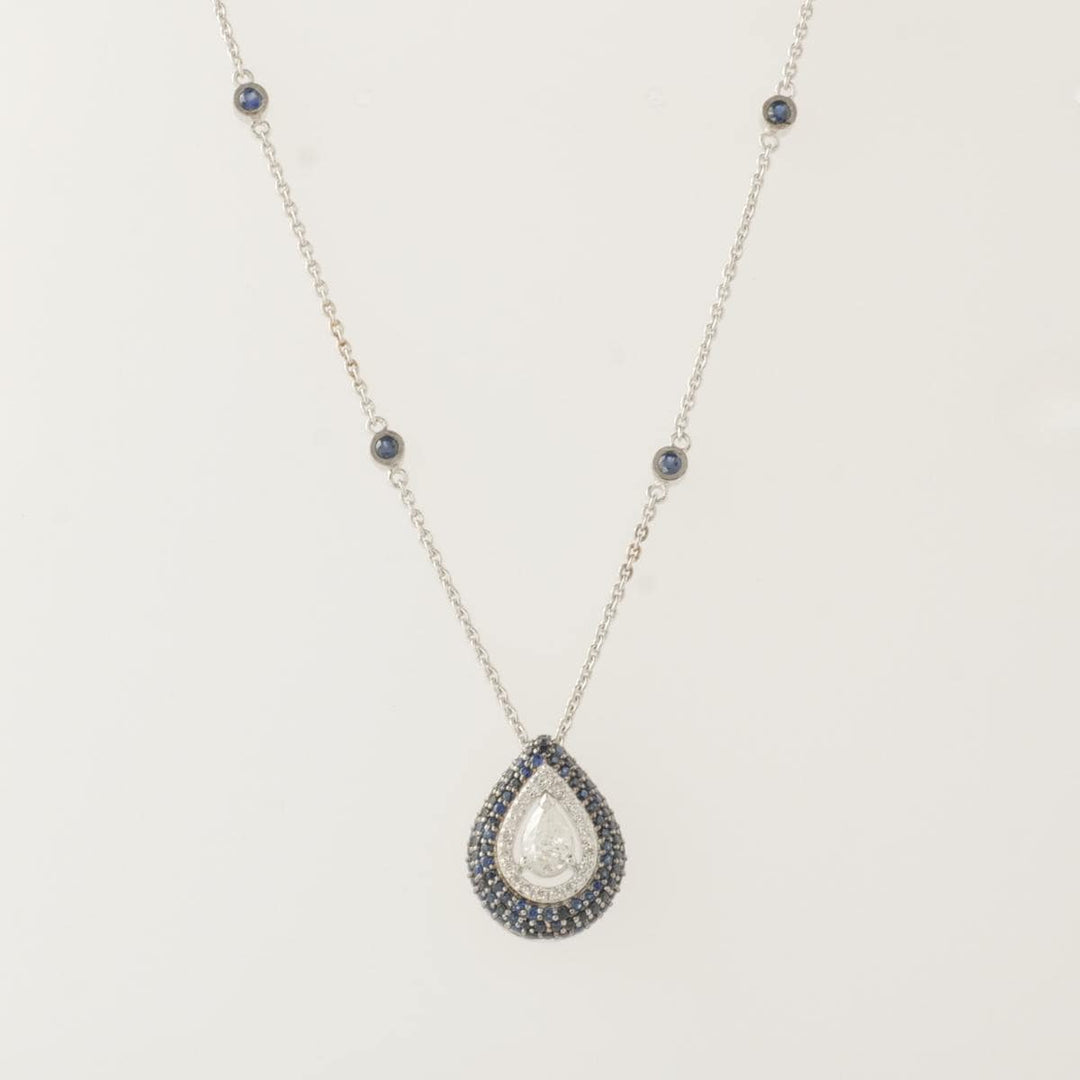 Teardrop Blue Sapphires Halo Diamond Necklace, 14k Solid Gold, Natural Diamonds, Gemstone Stacking Necklace, Ready To Ship, IGI Certified