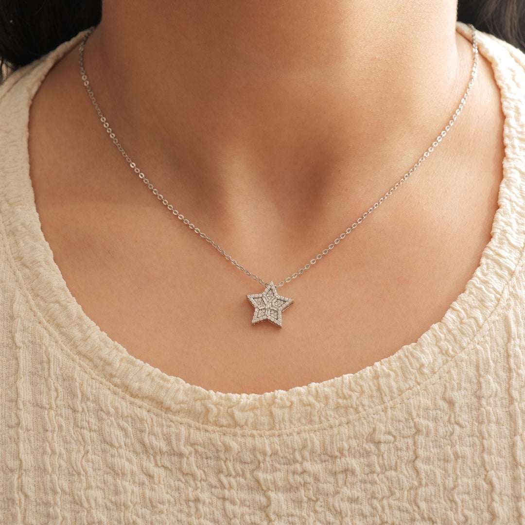 Star Diamond Pendant Necklace, 14k Solid Gold, Cluster Baguette Natural Diamond, Stacking Chain Pendant, Celestial Jewelry