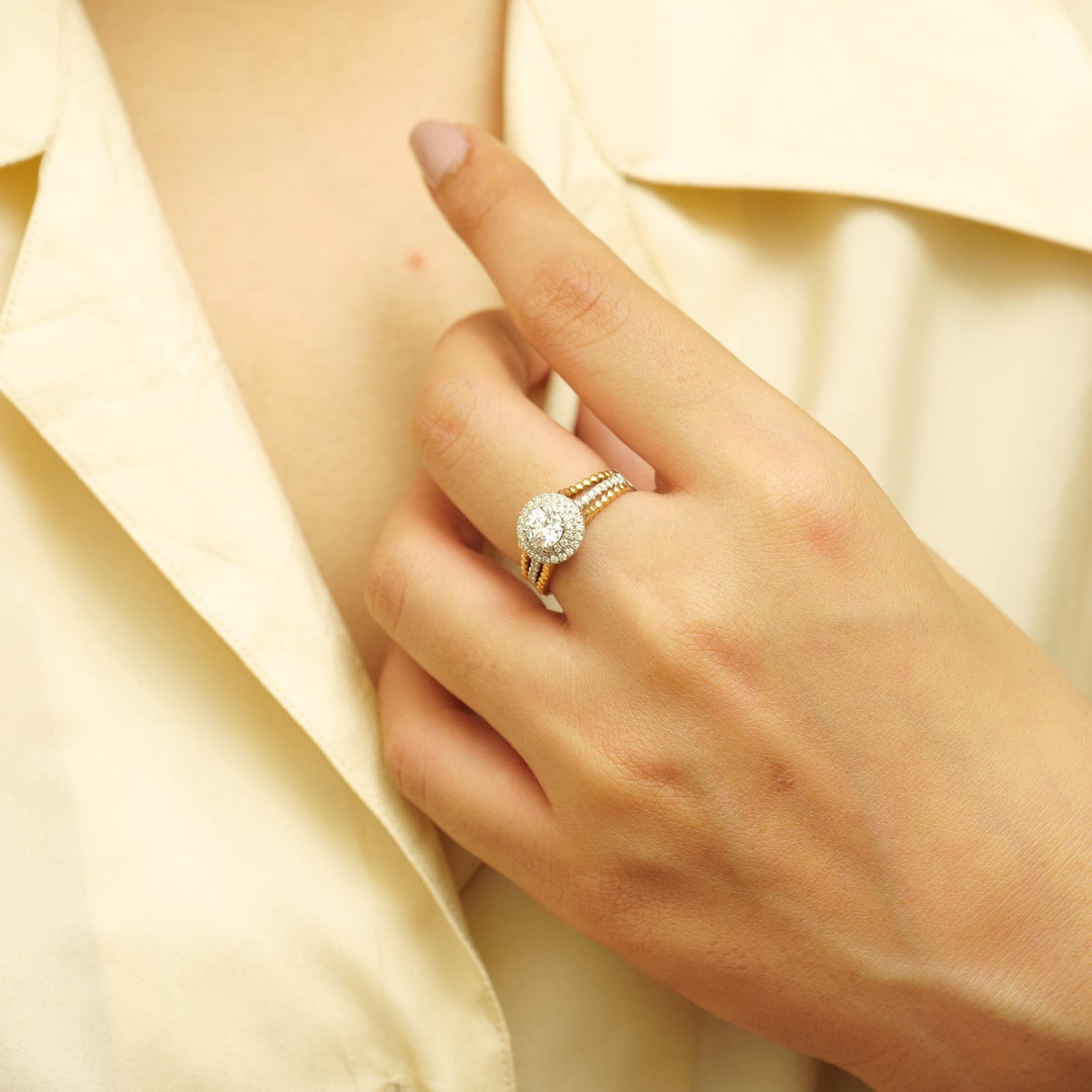 Halo Solitaire Ring, Engagement Diamond Ring, 14k Solid Gold, Natural Diamonds, Triple Shank Band, Dual Tone, Gift For Her