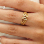 Load image into Gallery viewer, Personalized Initial Letter Diamond Ring, 14k Solid Gold, Natural Diamonds, Lined Cage Bar Band, Custom Jewelry, Minimalist Stackable Band