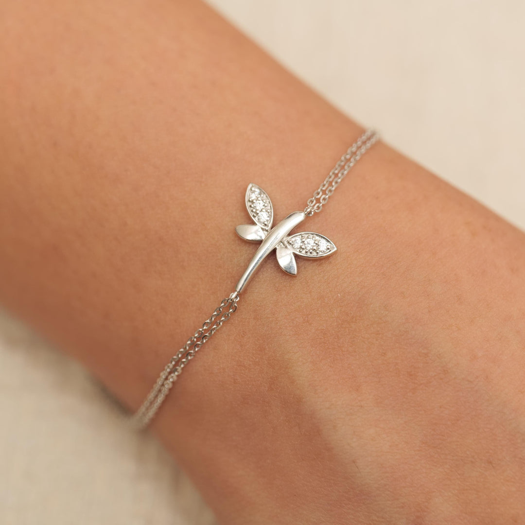 Dragonfly Diamond Chain Bracelet, 14K Solid Gold, Natural Diamonds, Stackable Animal Jewelry, Insect Charm Bracelet, Women's Day Gift