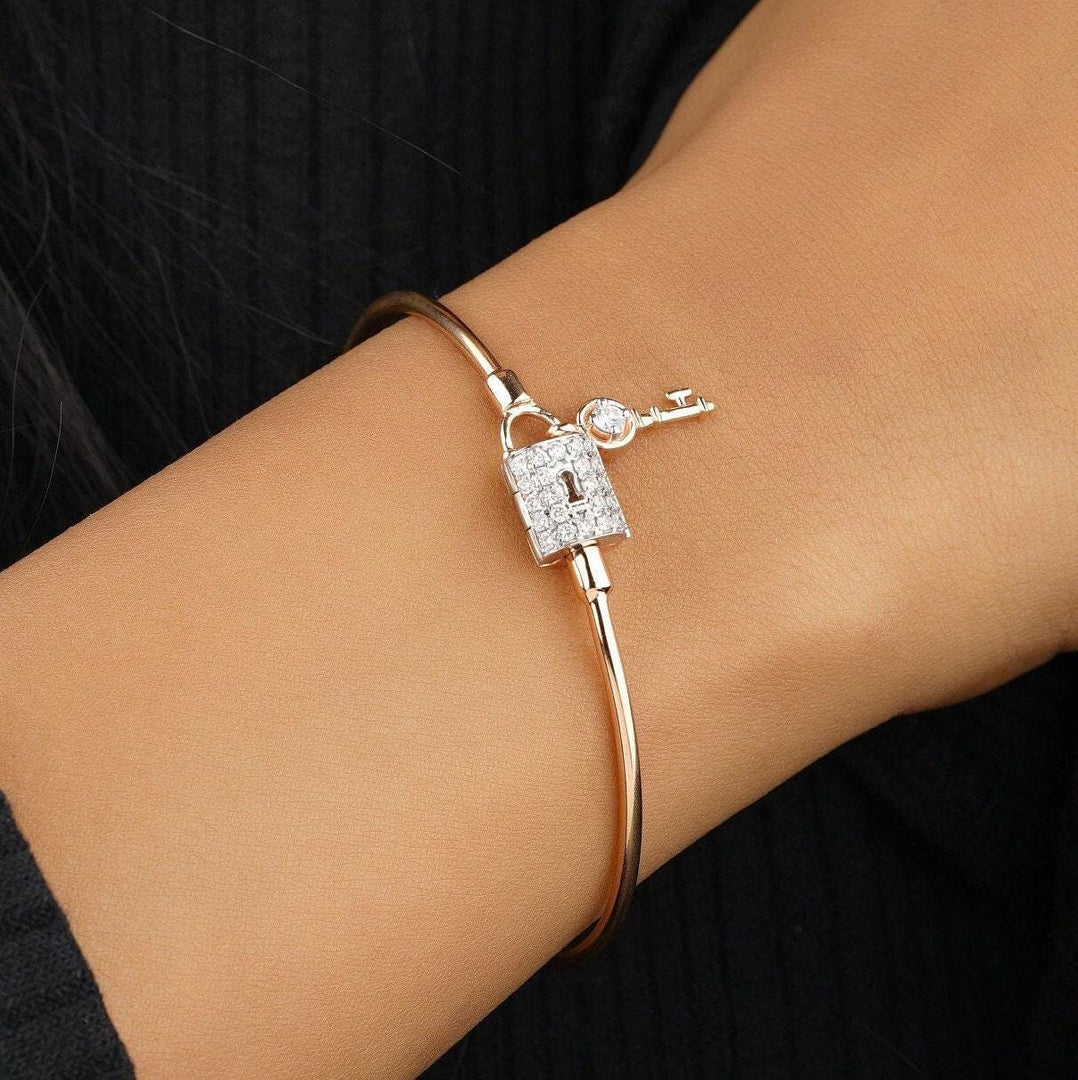 Lock & Key Diamond Bracelet, 14k Solid Gold, Natural Diamonds, Dual Tone Charm Bangle, Stacking Statement Jewelry, Minimalistic Bracelet
