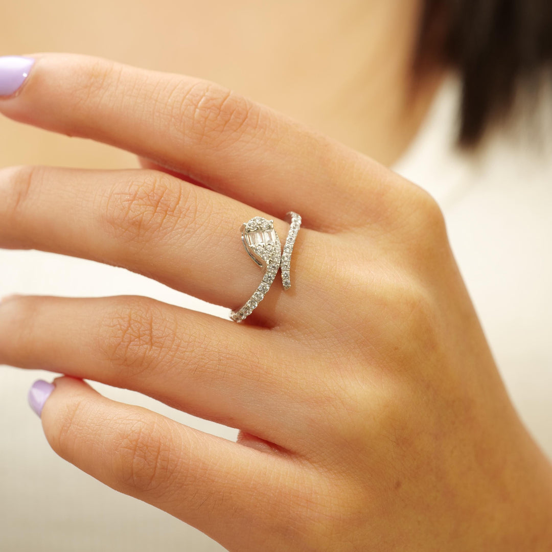 Leaves Diamond Ring, Split Shank, 14k Solid Gold, Natural Diamond, Round & Baguette Wrap Band, Statement Bypass Ring, Gift For Her