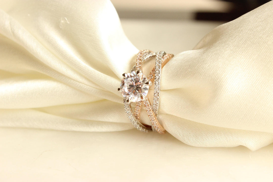 Solitaire Diamond Ring, Moissanite Engagement Ring, Crossover Shank Diamond Ring, Dual Tone, 14k Solid Gold, Gift For Her