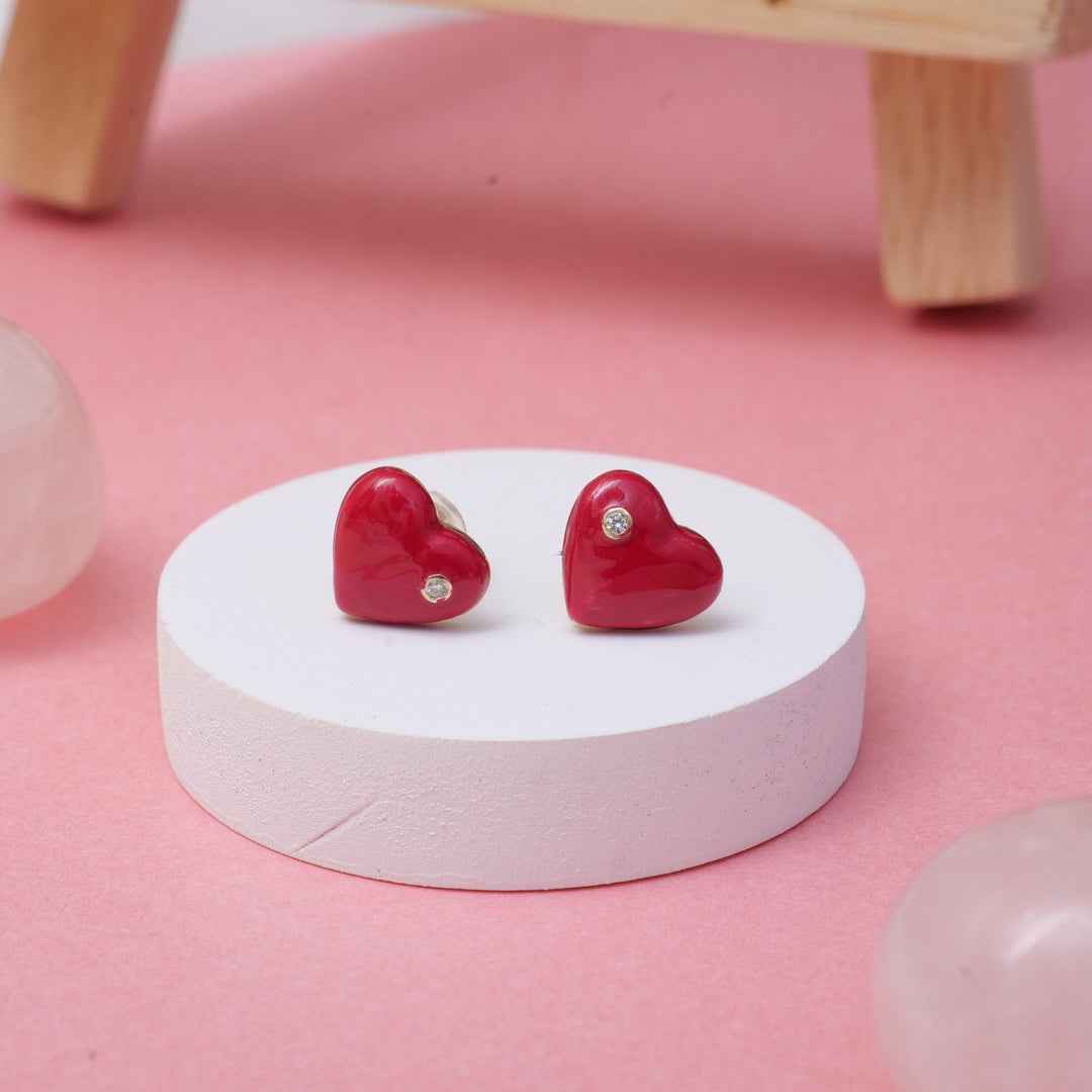 Kids Heart Diamond Stud Earrings, 14k Solid Gold With Pink Enameling, Natural Diamonds, Kids jewelry, Gift for toddlers, girls and kids