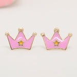 Load image into Gallery viewer, Kids Crown Diamond Stud Earrings, 14k Solid Gold, Natural Diamonds, Pink Enamel Princess Jewelry, Ready To Ship, HRD Certified