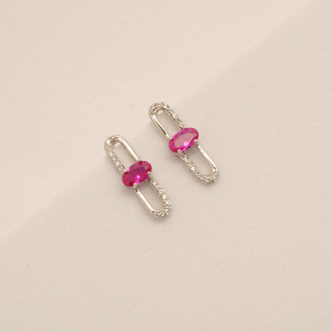 Paperclip Ruby Stud Earrings, 14k Solid Gold, Natural Diamonds, Lightweight Everyday Earrings, Link Gemstone Earrings