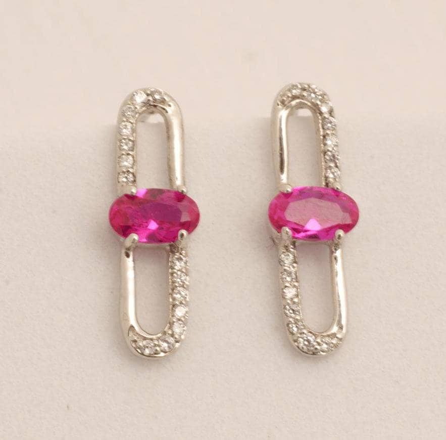 Paperclip Ruby Stud Earrings, 14k Solid Gold, Natural Diamonds, Lightweight Everyday Earrings, Link Gemstone Earrings