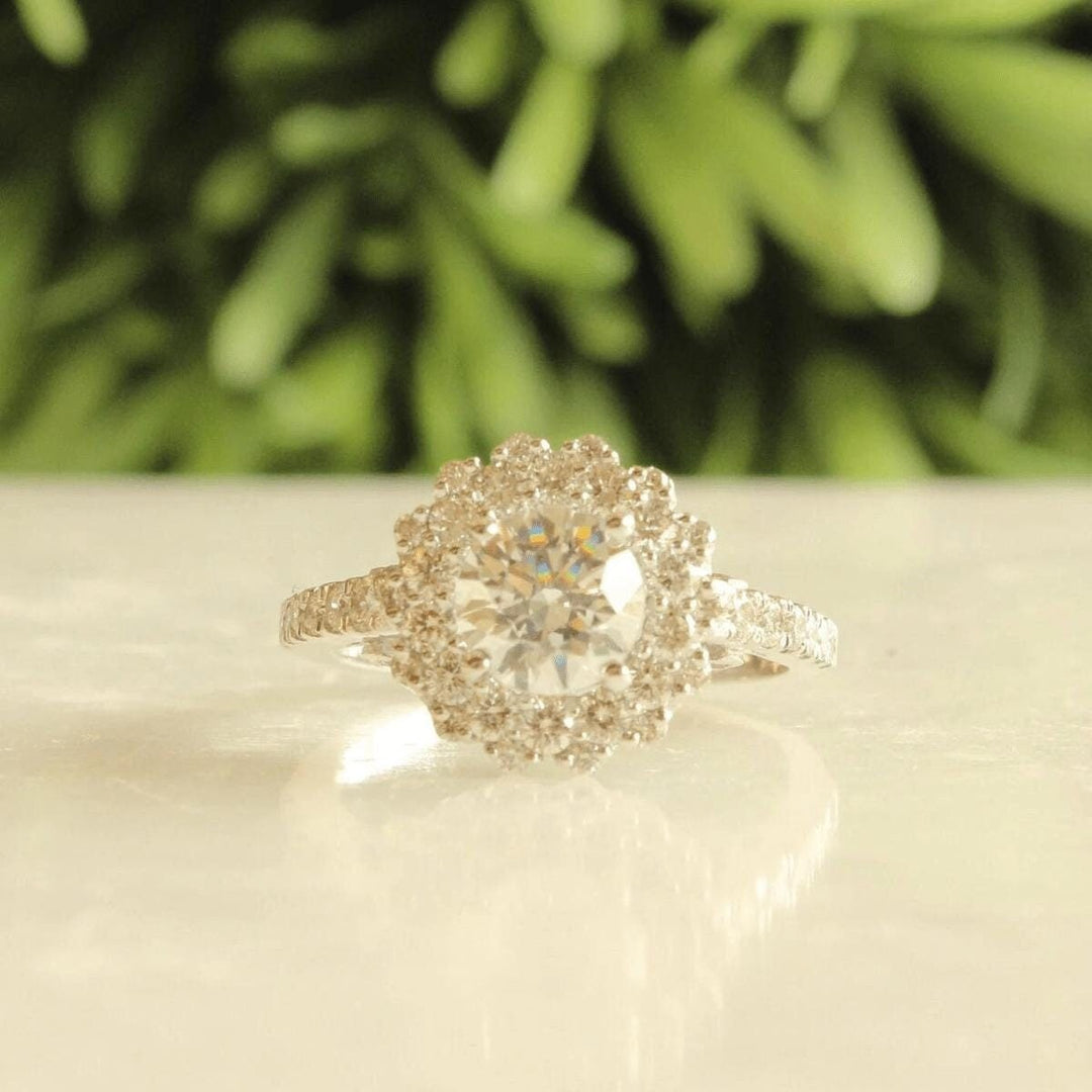 Round Solitaire Diamond Ring, Moissanite Flower Ring, 14k Solid Gold, Halo Engagement Ring, Gift For Her