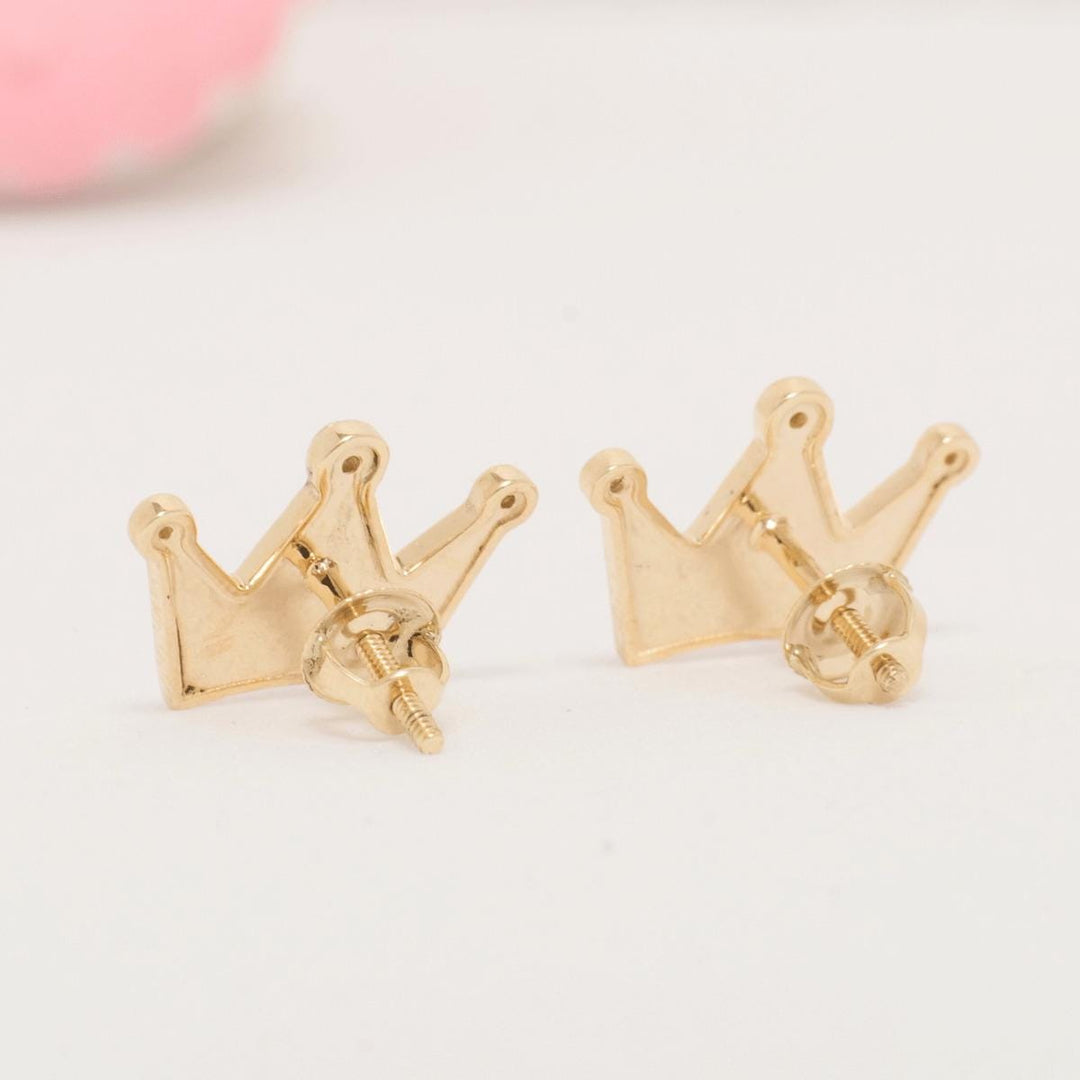 Kids Crown Diamond Stud Earrings, 14k Solid Gold, Natural Diamonds, Pink Enamel Princess Jewelry,  Ready To Ship, HRD Certified