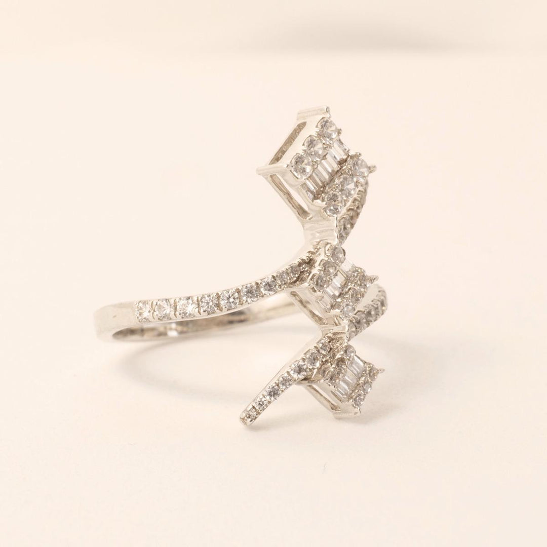 Cocktail Diamond Crossover Ring, 14k Solid Gold, Illusion Statement Ring, Round and Baguette Natural Diamonds, Gift For Her